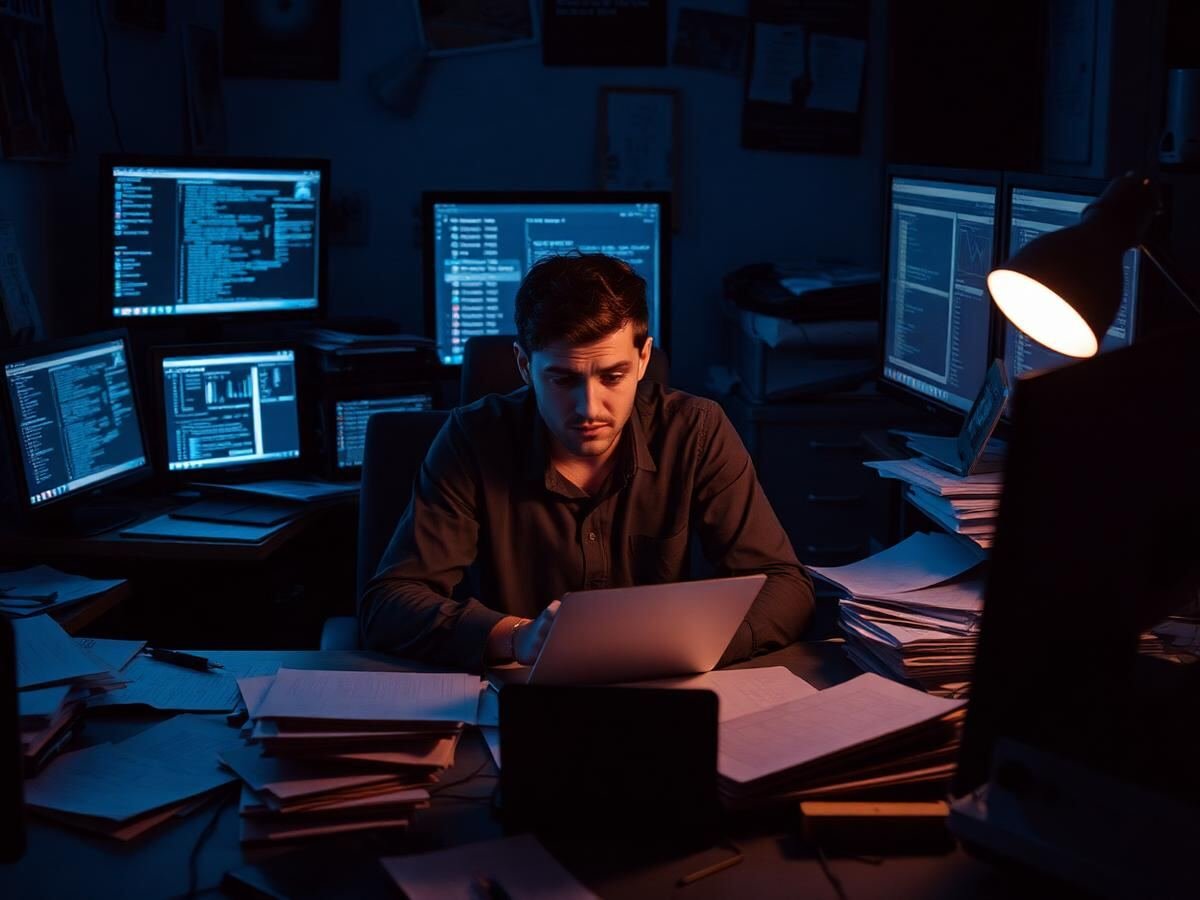 Overwhelmed beginner surrounded by scattered notes and screens while trying to learn passive income online