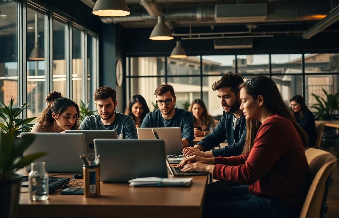 Students, freelancers and digital creators learning passive income strategies together in a modern coworking space